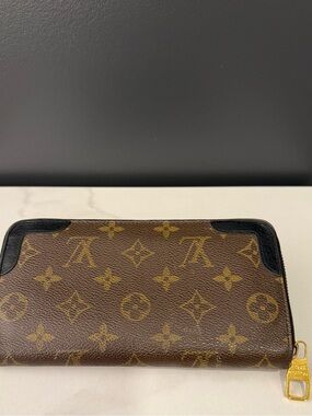 Louis Vuitton Brown Monogram Zip Wallet with Gold Hardware and Black Corner Trim